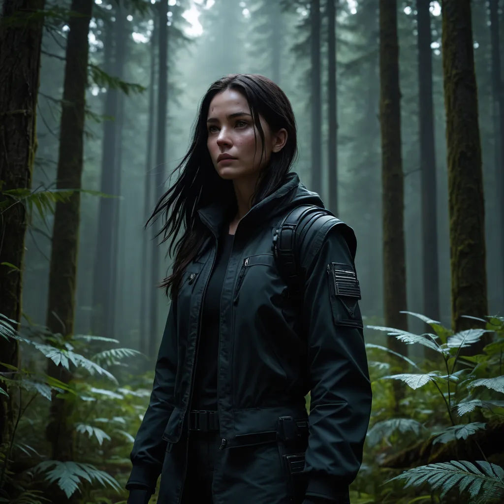 a woman in a forest with trees and ferns in the background, looking at the camera with a serious look on her face, antipodeans, a character portrait, Eve Ryder, promotional image