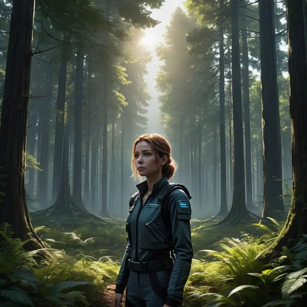 a woman in a forest with a backpack on her shoulder and a backpack on her shoulder, standing in the middle of a path, sots art, poster art, Eve Ryder, key art