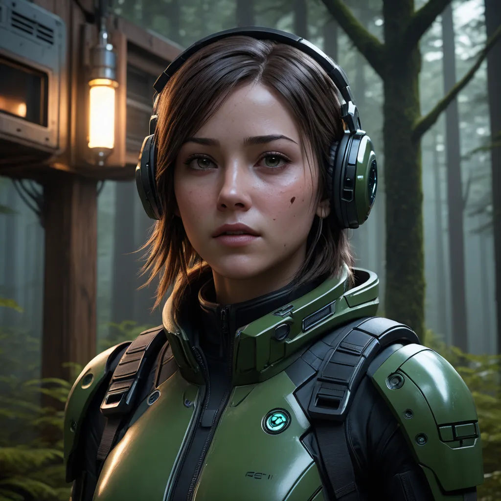 a woman in a green suit with headphones on in a forest with a light on her head and a lantern in the background, photorealism, a character portrait, Eve Ryder, unreal engine 5 quality render