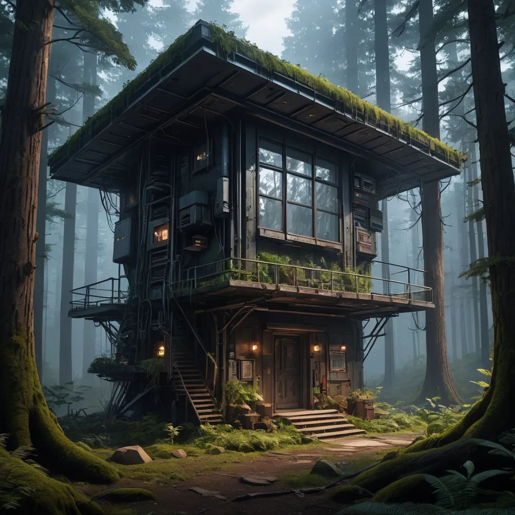 a house in the middle of a forest with a green roof and a balcony on the second floor and a second story, photorealism, a detailed matte painting, Filip Hodas, cgstudio