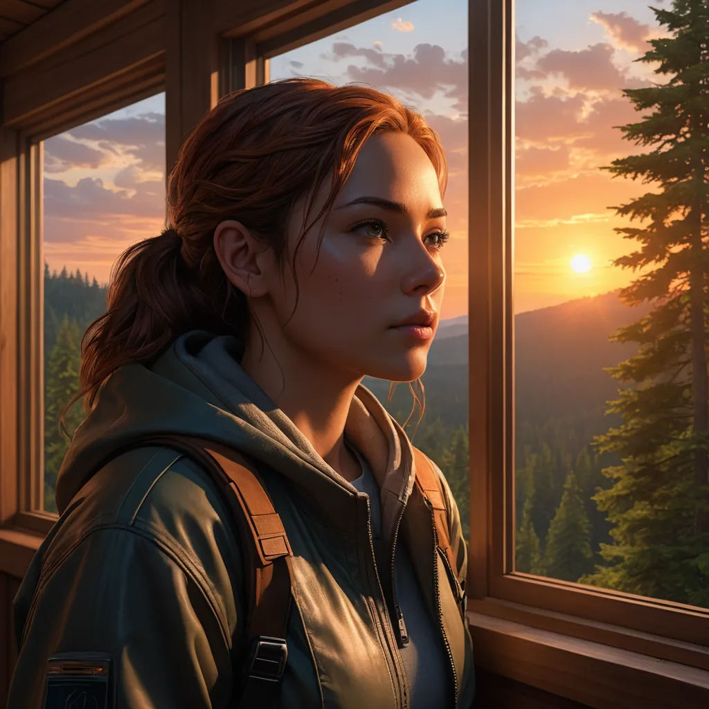 a woman looking out a window at the sunset in a cabin with a view of the mountains and trees, sots art, a detailed painting, Ada Hill Walker, photorealistic lighting