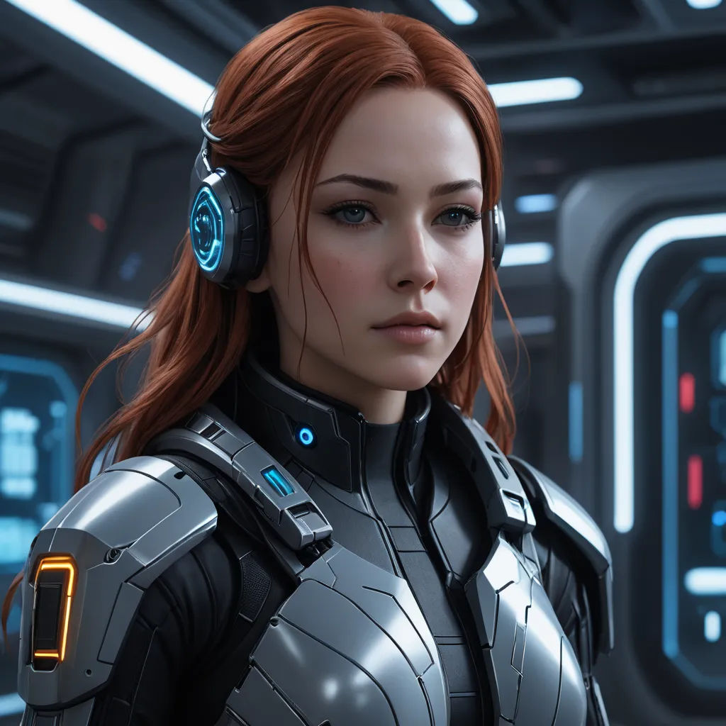 a woman in a futuristic suit with headphones on her ears and a sci - fi fi fi fi fi fi fi fi fi fi fi fi fi fi fi fi fi fi fi fi fi fi fi fi fi fi fi fi, photorealism, computer graphics, Eve Ryder, unreal engine 5 quality render