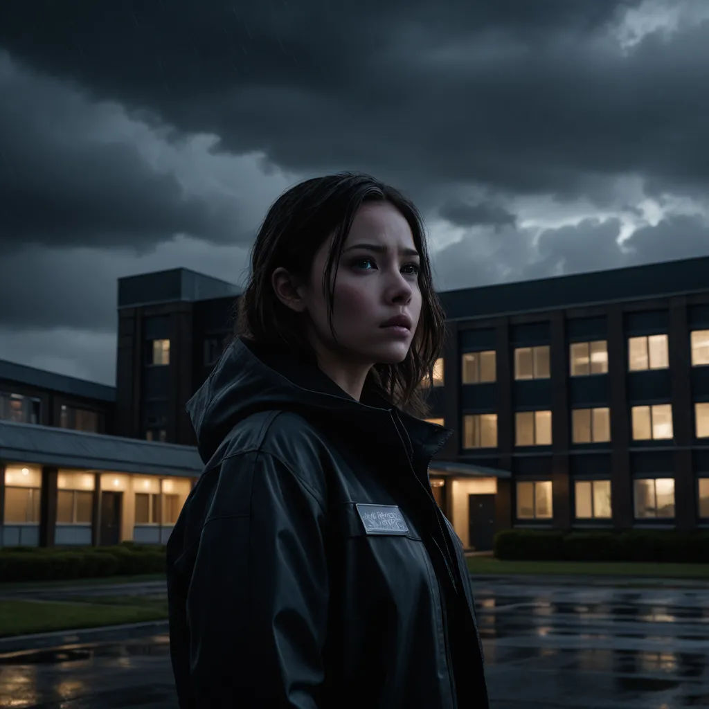 a woman standing in front of a building at night with a dark sky in the background and a building with windows lit up, aestheticism, a detailed matte painting, Eve Ryder, promotional image