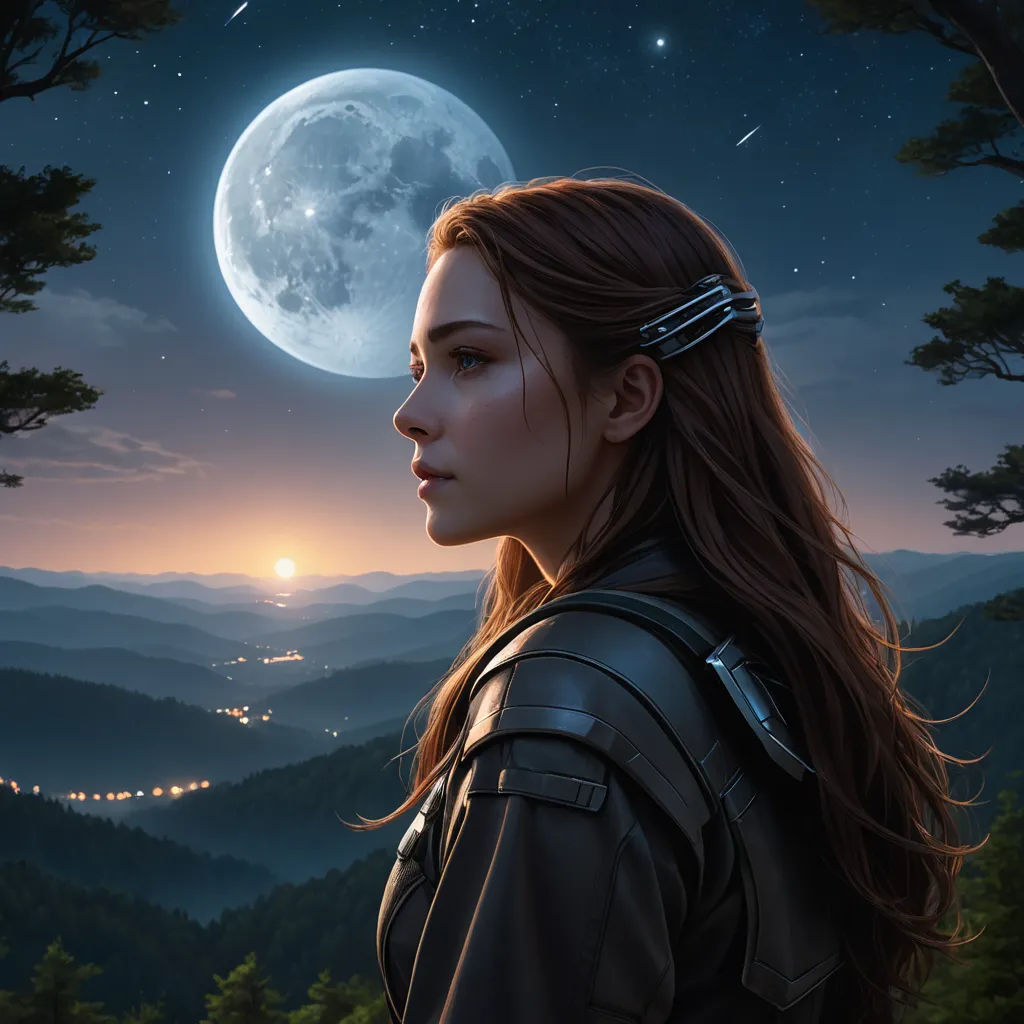a woman with a sci - fi fi in her hair looking at the moon in the sky above her, fantasy art, a detailed matte painting, Anne Stokes, fantasy artwork