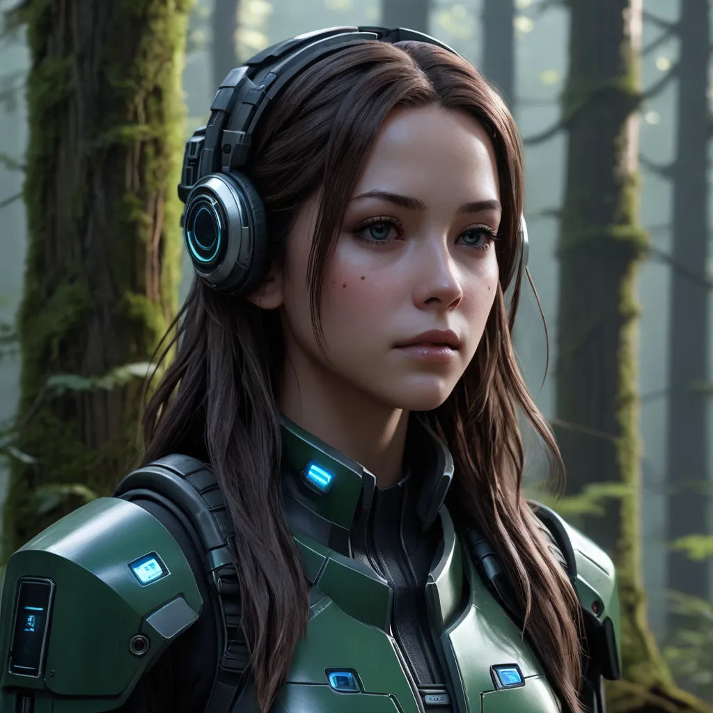 a woman in a green suit with headphones on in a forest with trees and a light blue light, photorealism, a character portrait, Eve Ryder, cgstudio