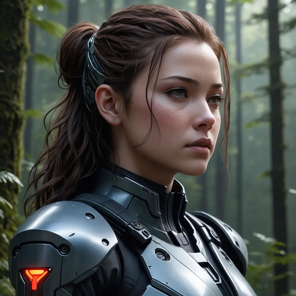 a woman in a futuristic suit in a forest with trees in the background and a red light on her face, photorealism, a character portrait, Eve Ryder, cgstudio