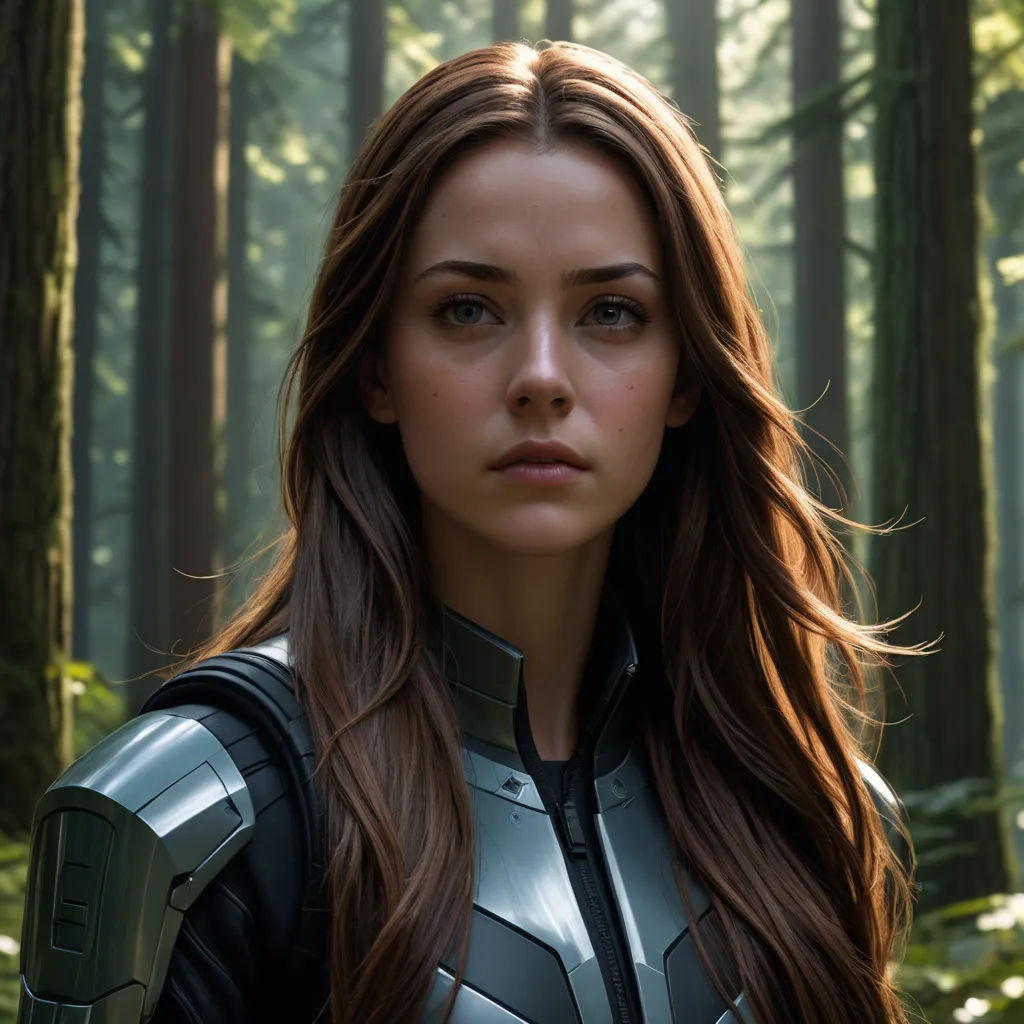 a woman in a suit standing in a forest with trees in the background and sunlight shining through the trees, antipodeans, a character portrait, Eve Ryder, promotional image