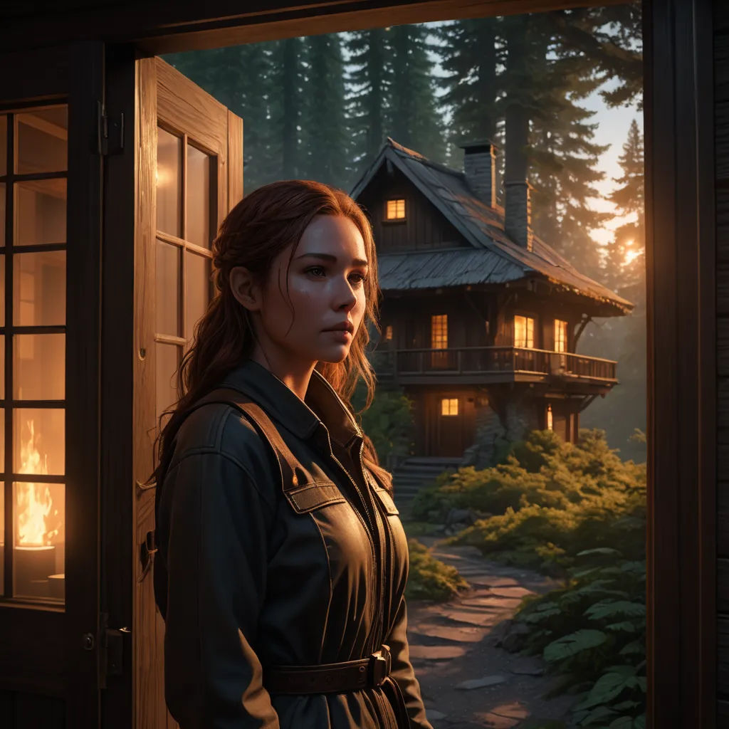 a woman standing in front of a window looking out at a house at night with a lit candle in the window, photorealism, computer graphics, Evgeny Lushpin, unreal engine highly rendered