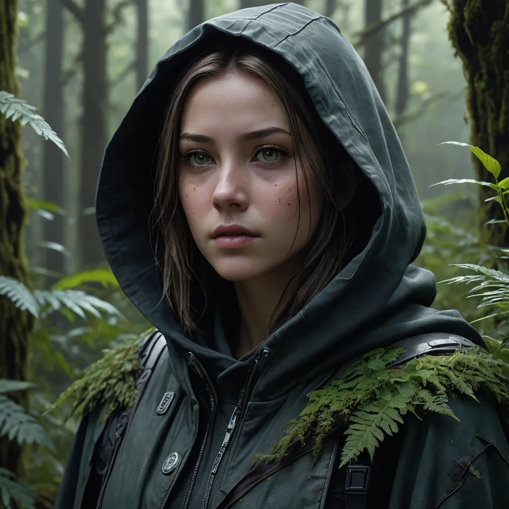 a woman in a hoodie in a forest with ferns on the ground and trees in the background,, photorealism, a character portrait, Eve Ryder, unreal engine highly rendered