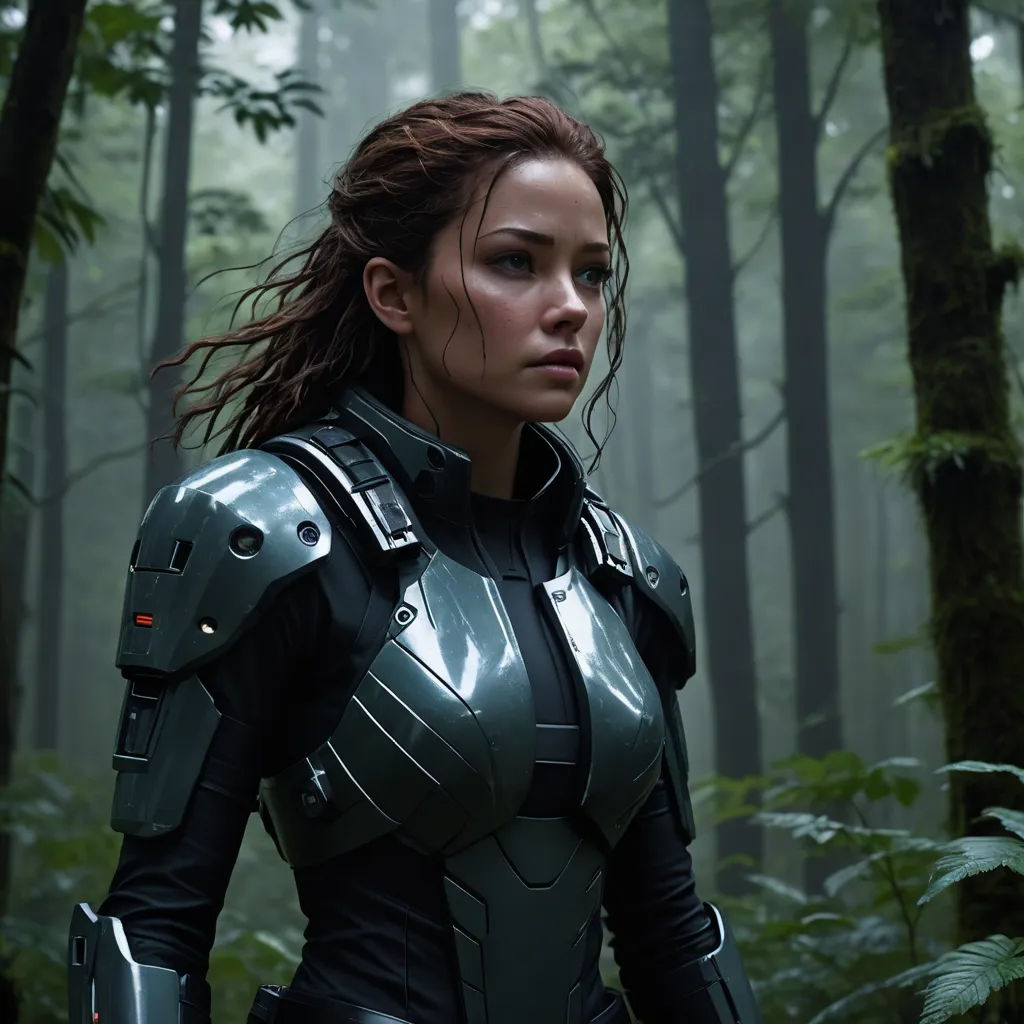 a woman in a futuristic suit in the woods with trees in the background and fog in the air behind her, antipodeans, concept art, Eve Ryder, vfx