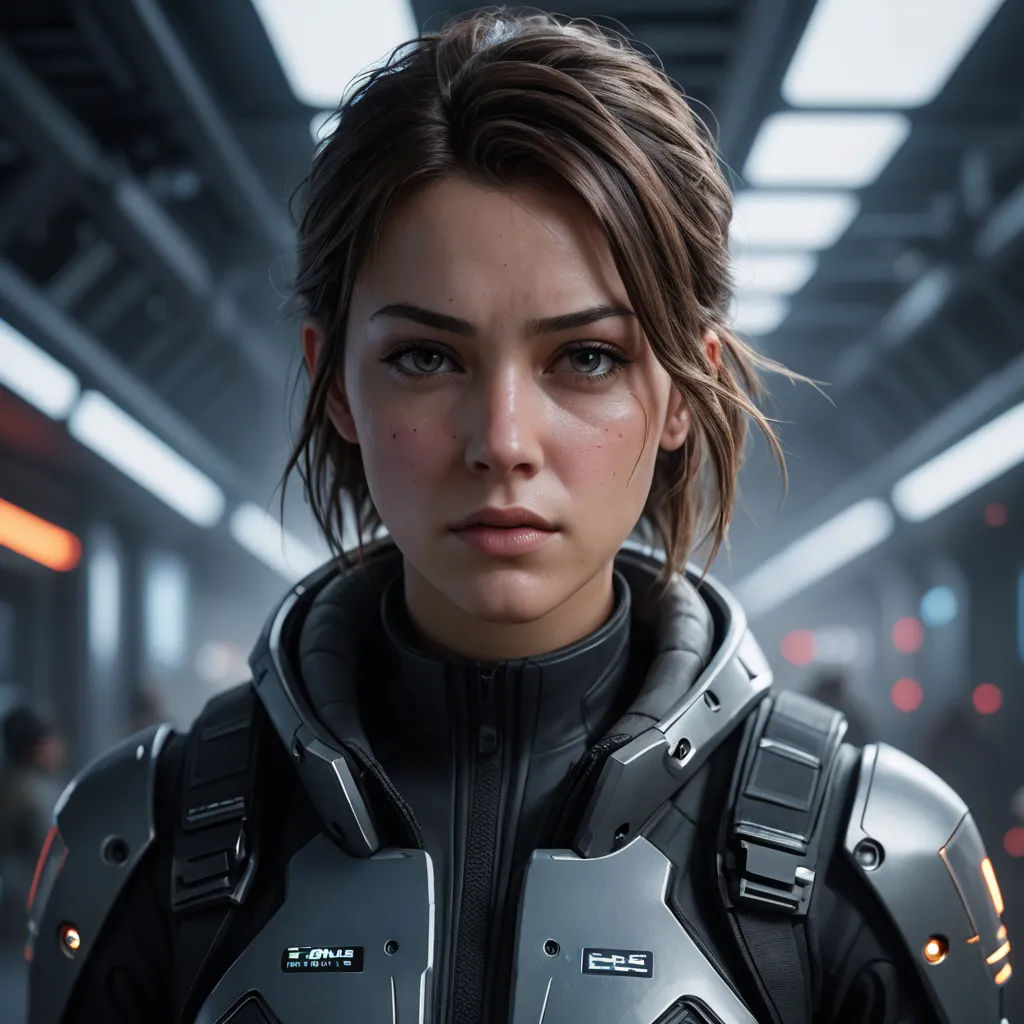 a woman in a futuristic suit looks at the camera in a sci - fi setting with a sci - fi theme, photorealism, computer graphics, Eve Ryder, unreal 5