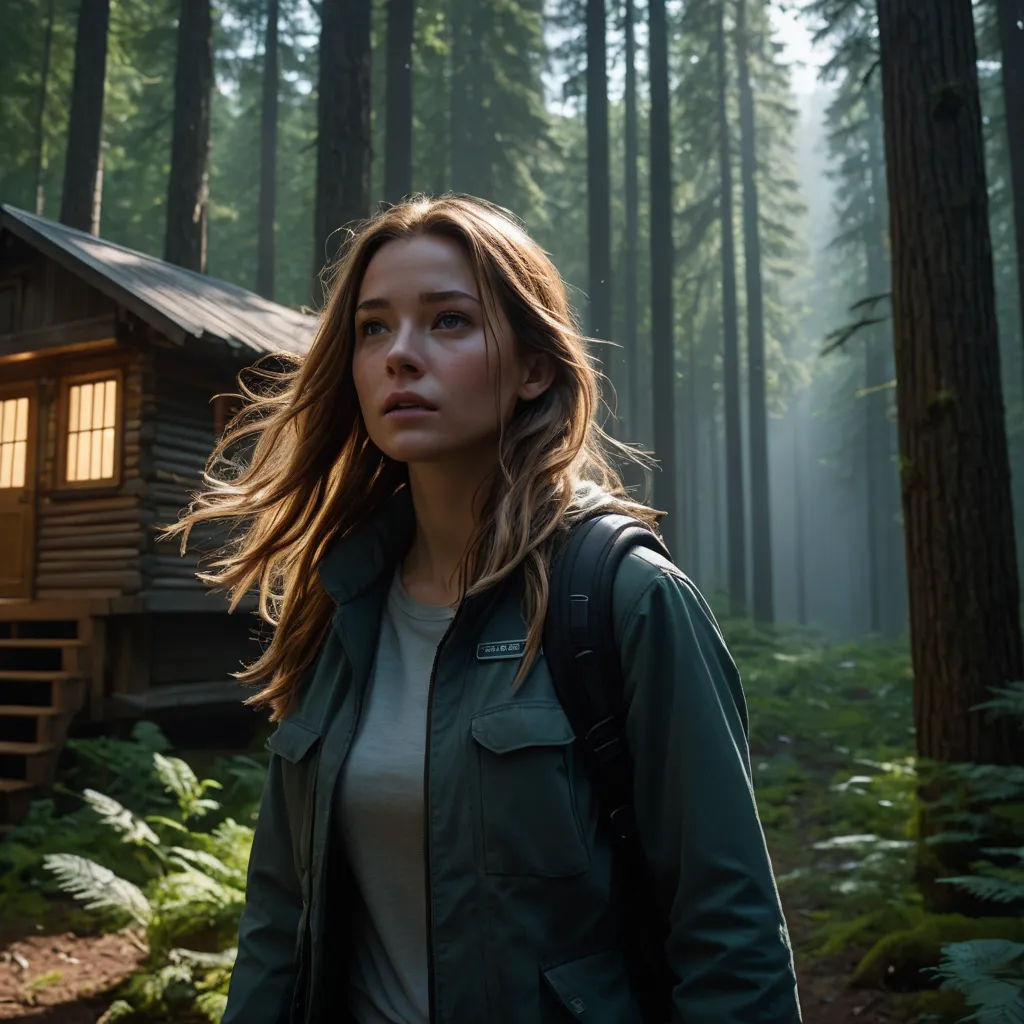 a woman standing in front of a cabin in the woods with a backpack on her shoulder and a backpack on her shoulder, neo-primitivism, a poster, Daniel Lieske, promotional image