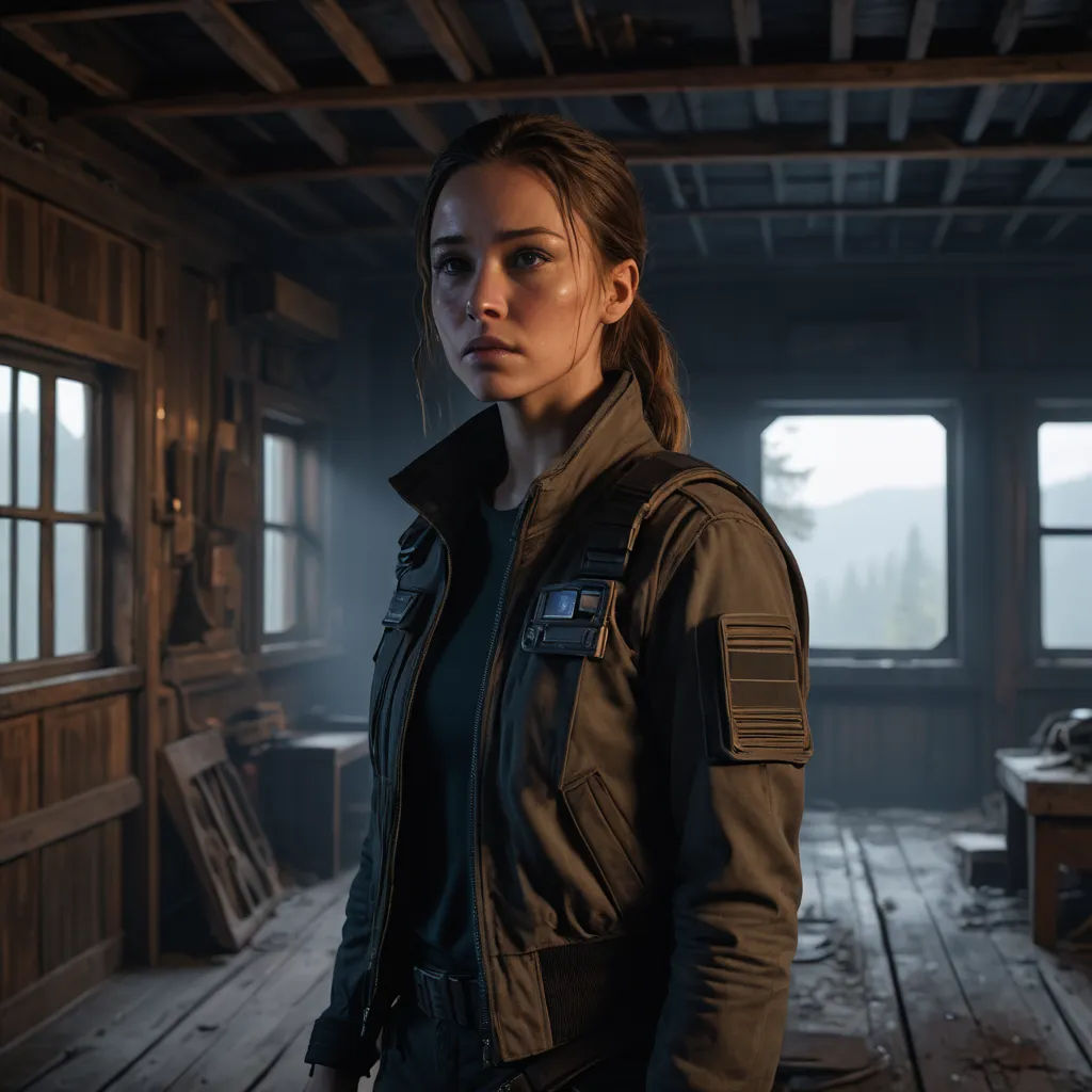 a woman in a room with wooden floors and windows, looking at the camera, with a serious look on her face, photorealism, a character portrait, Ada Hill Walker, unreal engine 5 highly rendered