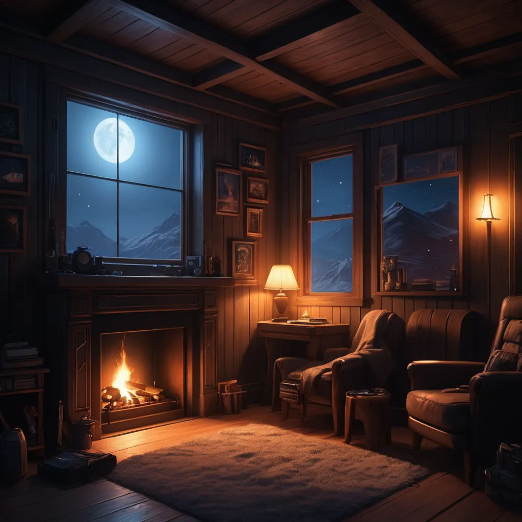 a living room with a fire place and a chair in it at night time with a full moon in the sky, photorealism, computer graphics, Evgeny Lushpin, unreal engine render