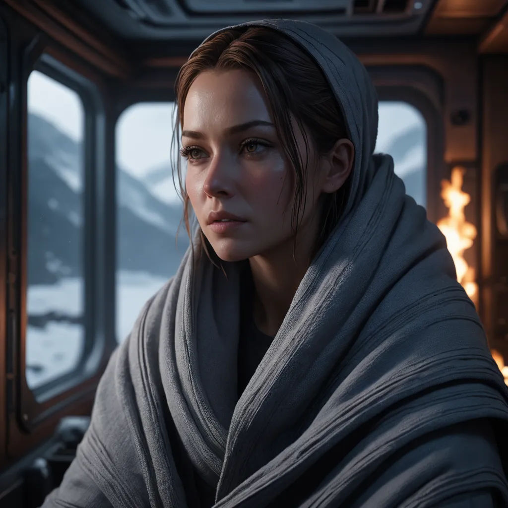 a woman wrapped in a blanket looking out a window at the snow covered mountains outside of a cabin on a ship, photorealism, a photorealistic painting, Cedric Peyravernay, cgstudio