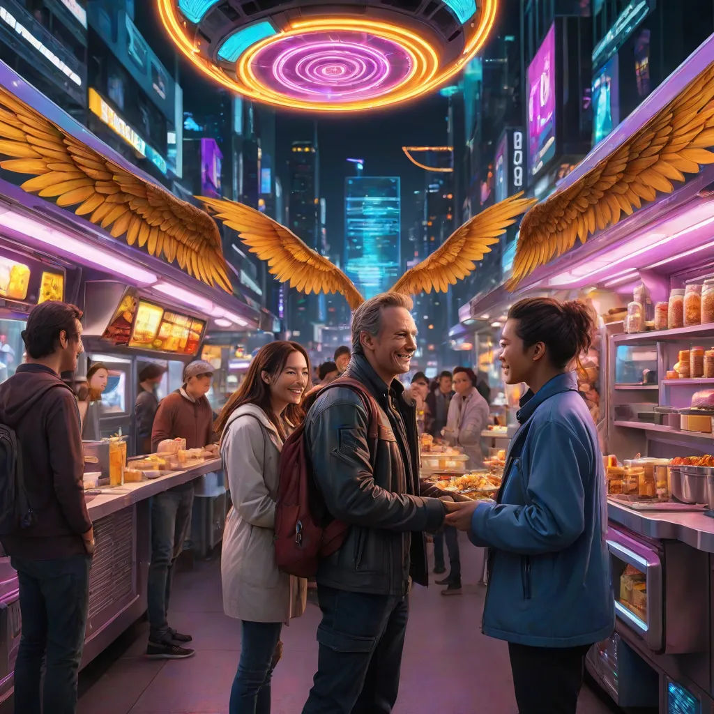 a group of people standing around a food stand with a large bird on the ceiling of the room and a neon light above the food stand, affinity photo, magical realism, cyberpunk art, Chris LaBrooy