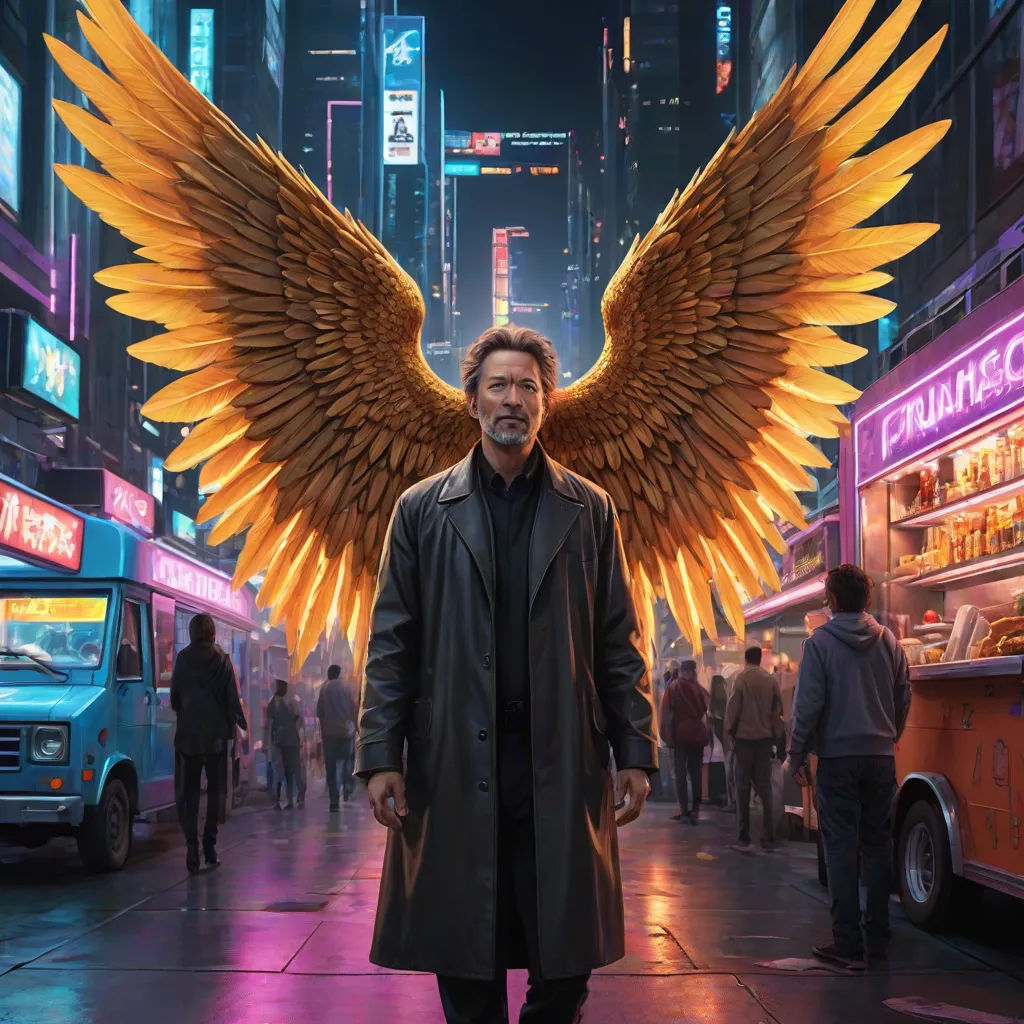 a man with large wings standing in a city street at night with people walking around him and a food truck in the background, key art, fantasy art, cyberpunk art, Eddie Mendoza