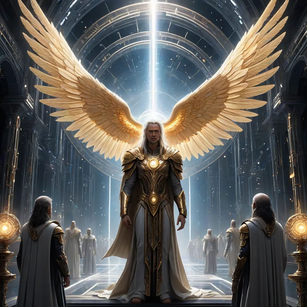 a man with wings standing in front of a group of men in white robes and gold robes and holding torches, rossdraws global illumination, fantasy art, concept art, Clint Cearley