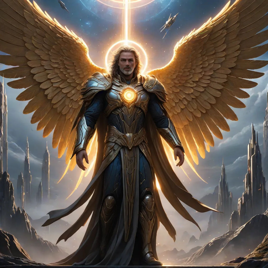 a man with wings standing in front of a star filled sky with a halo in his hand and a halo in his other hand, epic fantasy character art, fantasy art, concept art, Christophe Vacher
