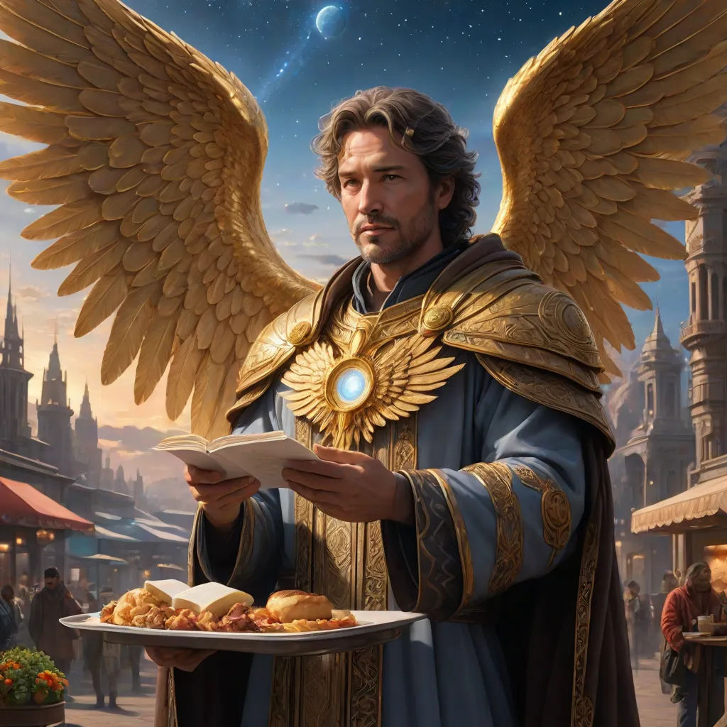 a man in a golden outfit holding a plate of food and an angel wings above him, reading a book, magic the gathering artwork, fantasy art, an ultrafine detailed painting, Clint Cearley