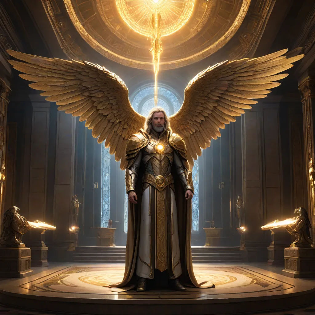 a man dressed in a golden outfit with wings on his shoulders and a halo above his head, standing in a hall, epic fantasy character art, fantasy art, a detailed matte painting, Clint Cearley