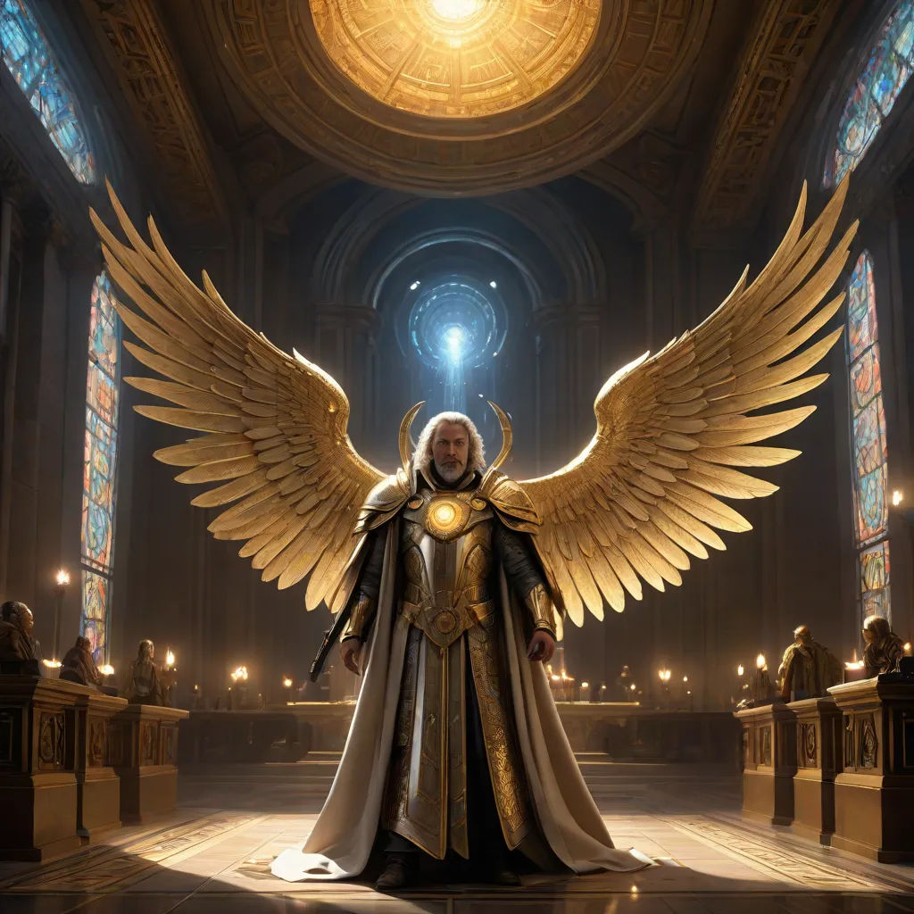 a man dressed in a golden armor with wings on his shoulders and a halo around his neck, standing in a cathedral, epic fantasy character art, fantasy art, concept art, Clint Cearley