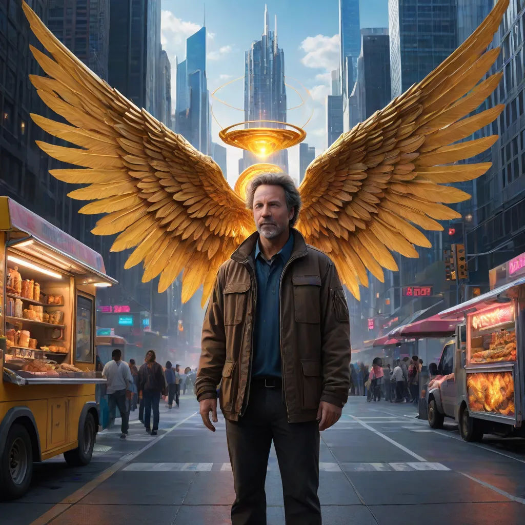 a man standing in the middle of a street with a huge bird on his head and a city in the background, promotional image, retrofuturism, a poster, Chris LaBrooy