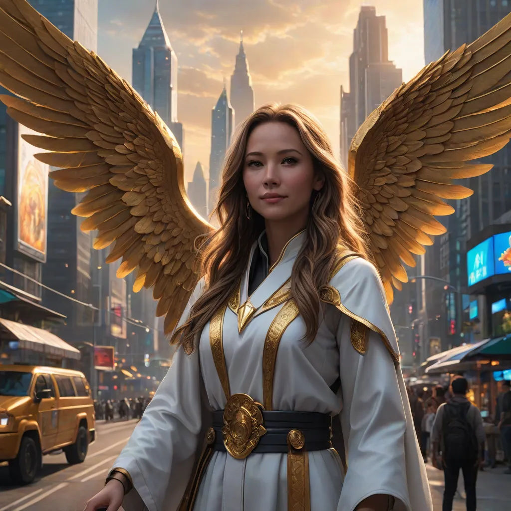 a woman in a white dress with gold wings on her shoulders and a city street in the background with a bus and buildings, magic the gathering artwork, fantasy art, a comic book panel, Clint Cearley