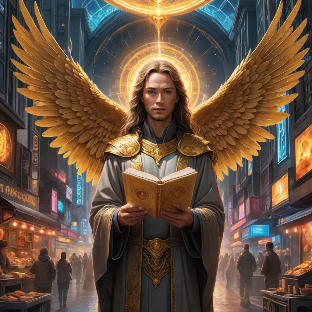 a man with a book and angel wings in a city street at night with a halo above him and a halo above his head, magic the gathering artwork, fantasy art, cyberpunk art, Christophe Vacher