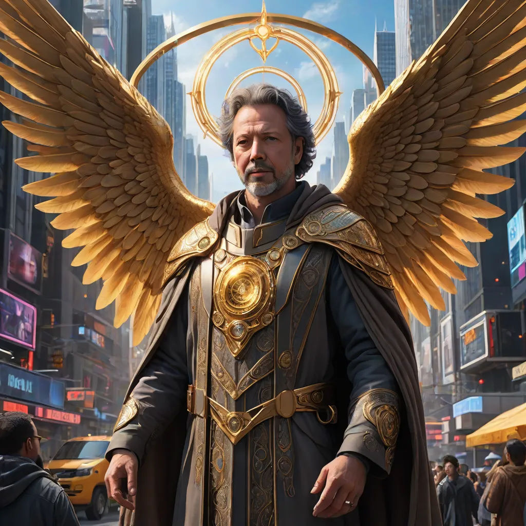a man in a suit with wings on his shoulders and a halo around his neck, standing in a city street, trending on artstation hq, fantasy art, concept art, Clint Cearley