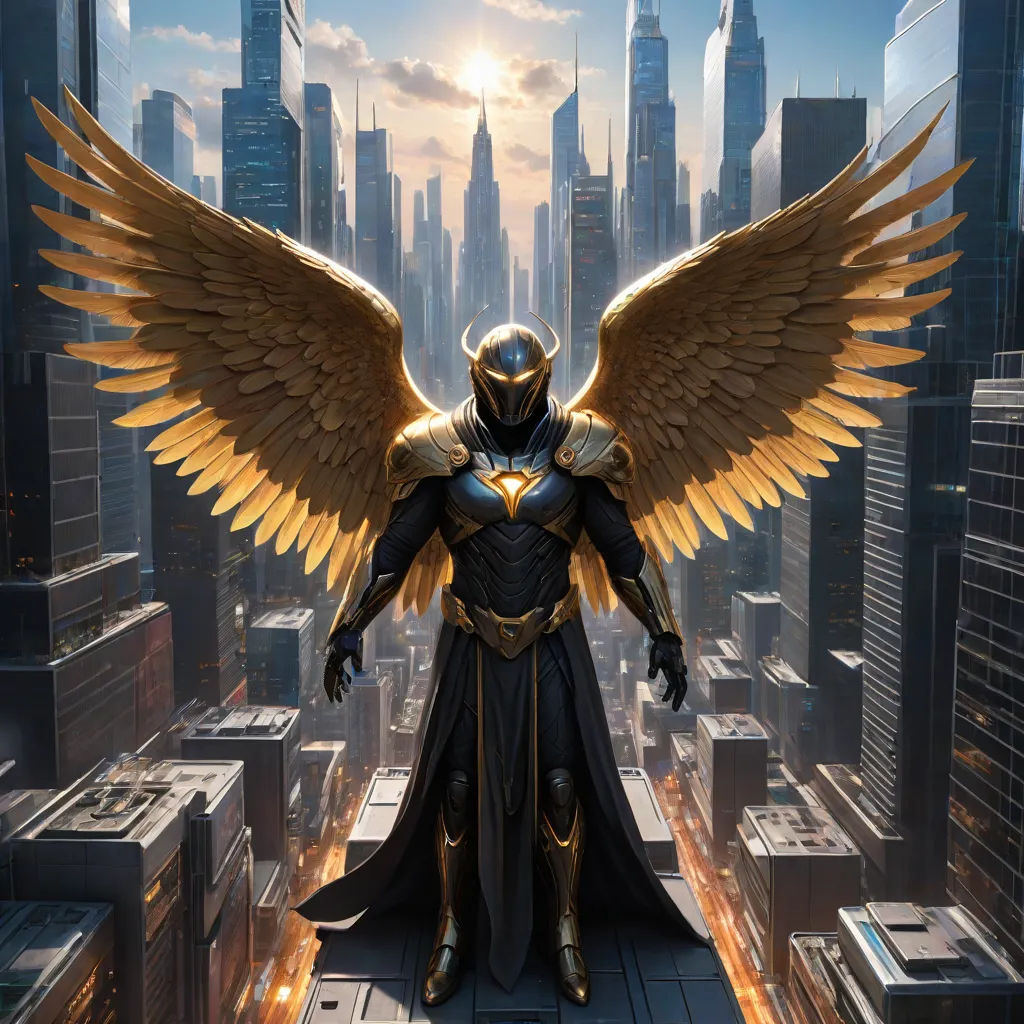 a man in a suit with wings standing on a city street with skyscrapers in the background and a city skyline in the foreground, rossdraws global illumination, afrofuturism, concept art, Clint Cearley