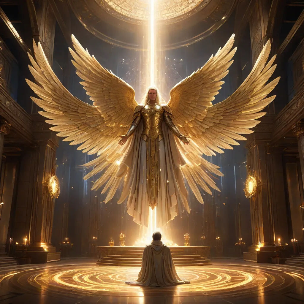 a man standing in front of a giant angel statue in a building with a light beam coming from it, rossdraws global illumination, fantasy art, concept art, Clint Cearley