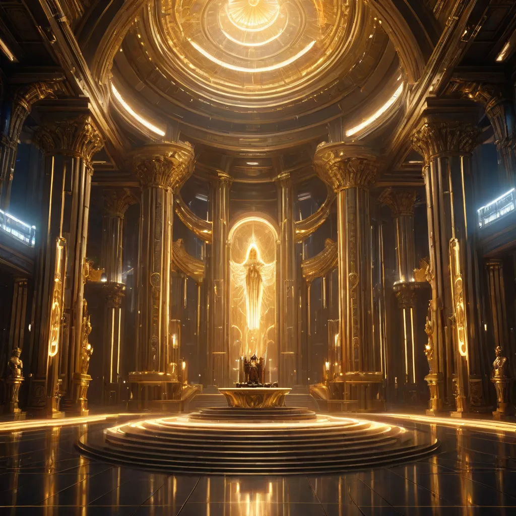 a large room with a statue in the center of it and a large circular ceiling in the background with lights, artstation hq, retrofuturism, a detailed matte painting, Craig Mullins