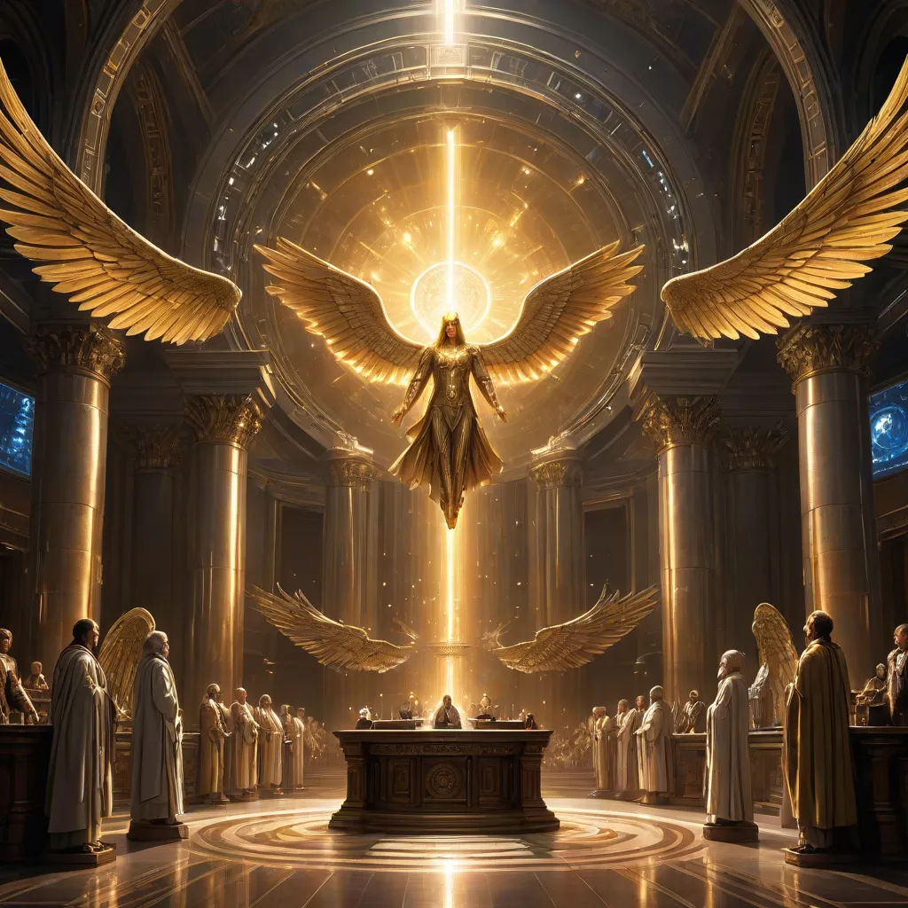 a painting of a golden angel surrounded by angels in a church with columns and columns around it, with a bright light shining through the wings, rossdraws global illumination, fantasy art, a detailed painting, Christophe Vacher