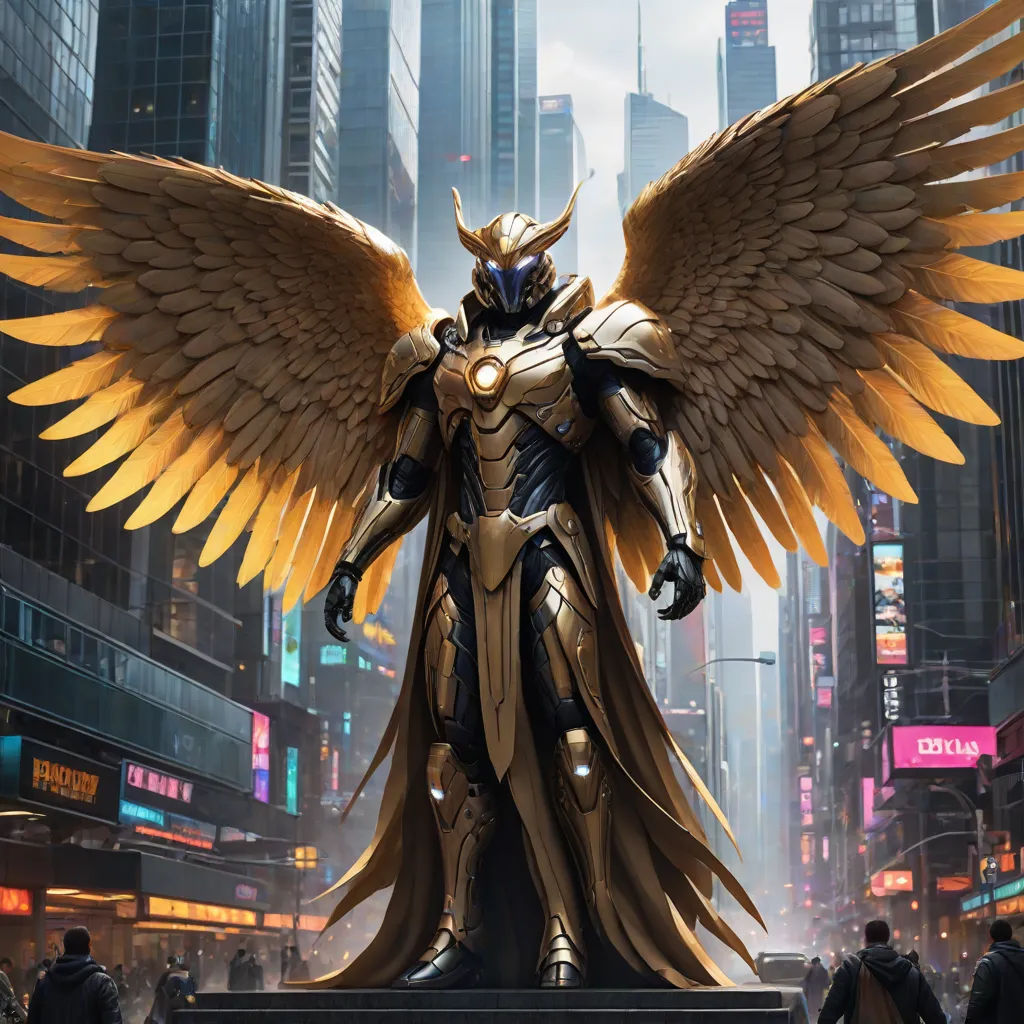 a statue of a man with wings on a city street with skyscrapers in the background and a cityscape in the foreground, unreal engine highly rendered, fantasy art, concept art, Clint Cearley