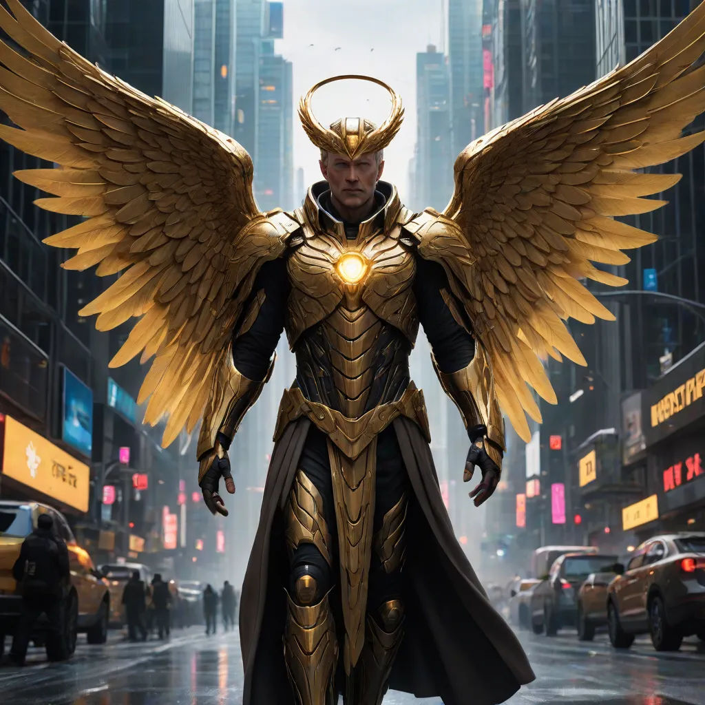 a man in a suit with wings on a city street in the rain with a city background and a large cityscape, magic the gathering artwork, fantasy art, a comic book panel, Clint Cearley