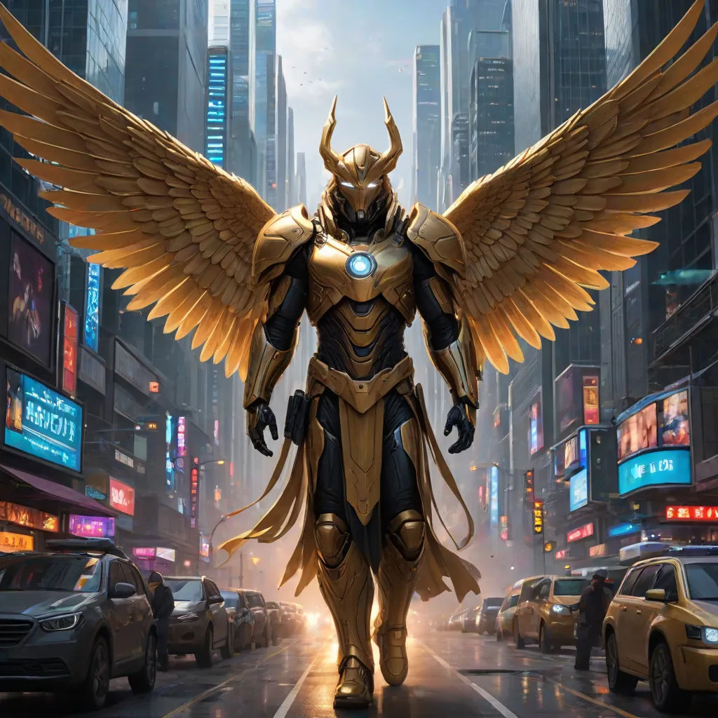 a man in a suit with wings walking down a street in a city with tall buildings and neon signs, magic the gathering artwork, altermodern, concept art, Clint Cearley