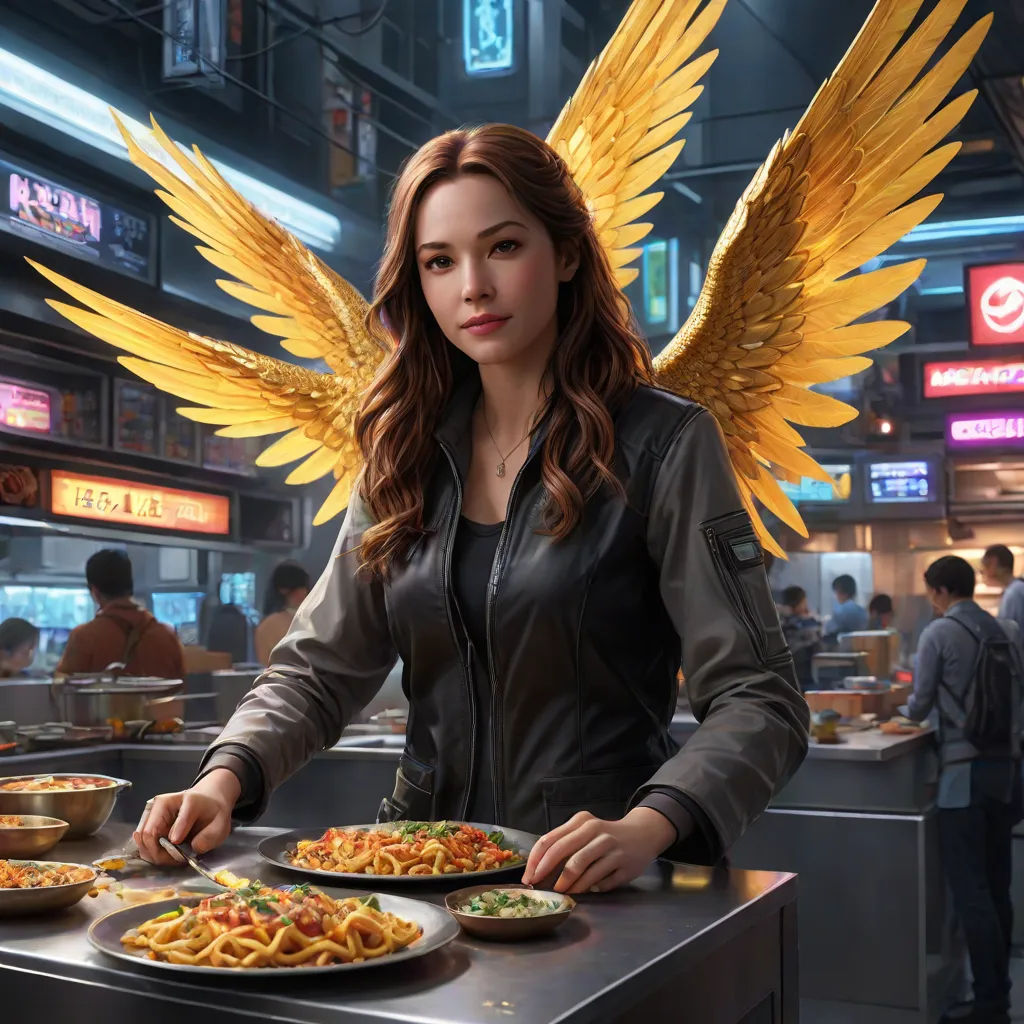 a woman with wings standing in front of a table of food and plates of food on it, with a plate of pasta on the table, stanley artgerm lau, fantasy art, cyberpunk art, Clint Cearley