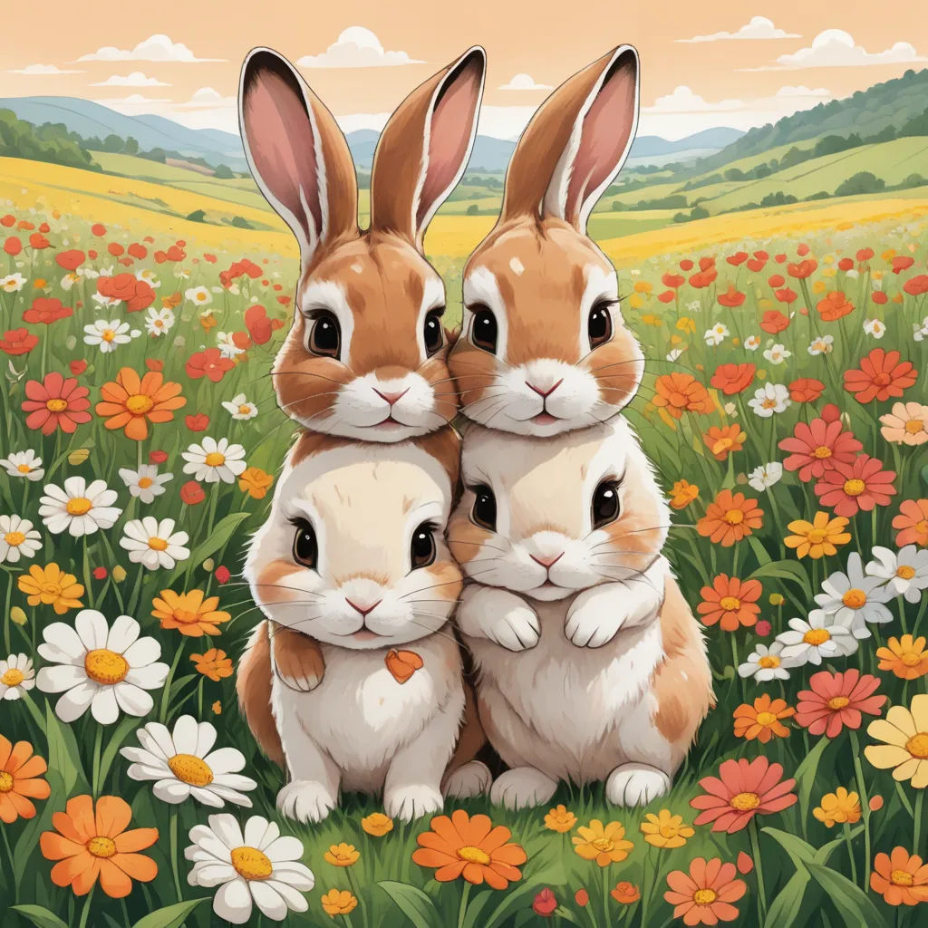 two rabbits sitting in a field of flowers with a sky background and clouds in the background, with a pink sky and orange flowers, furry art, a digital painting, Chris LaBrooy, josan gonzales and dan mumford