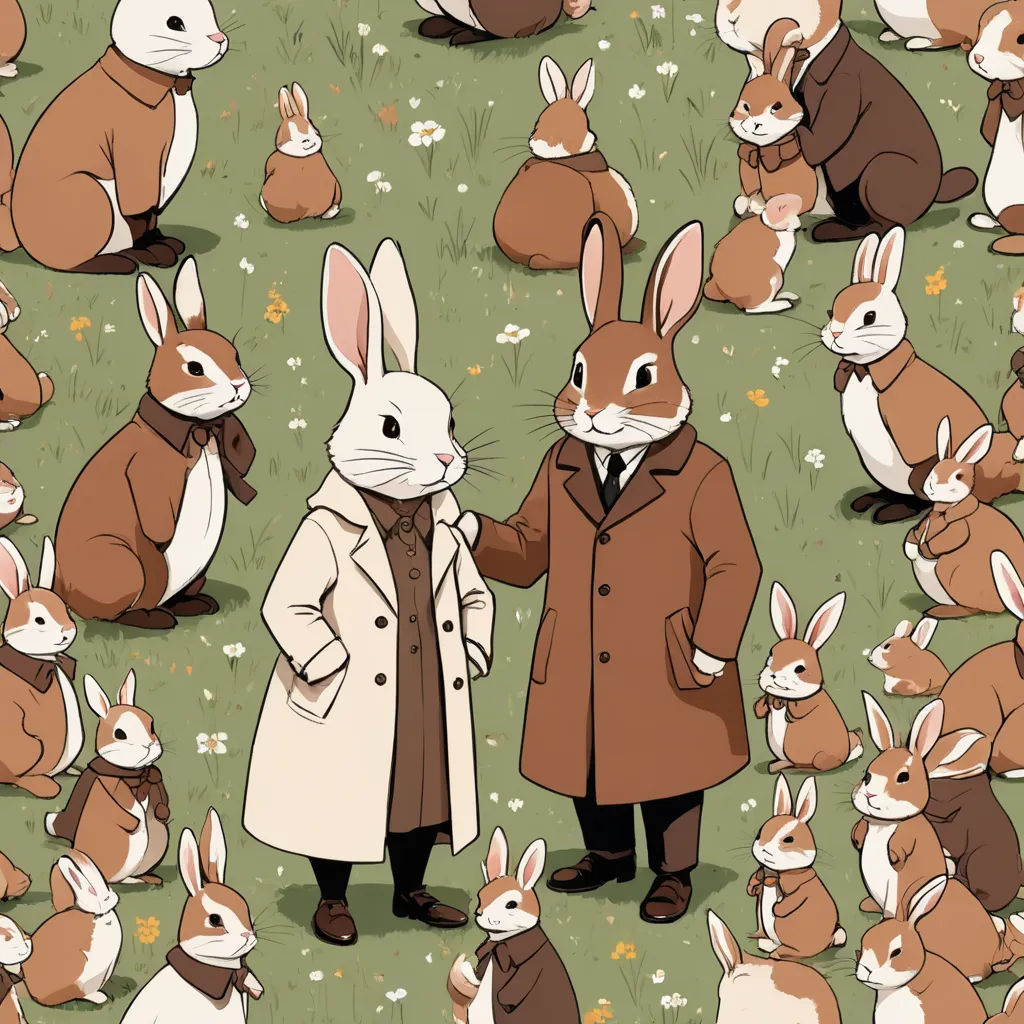 a man standing in front of a group of rabbits in a field of grass with a coat on and a coat on, furry art, a storybook illustration, Beatrix Potter, detailed illustration