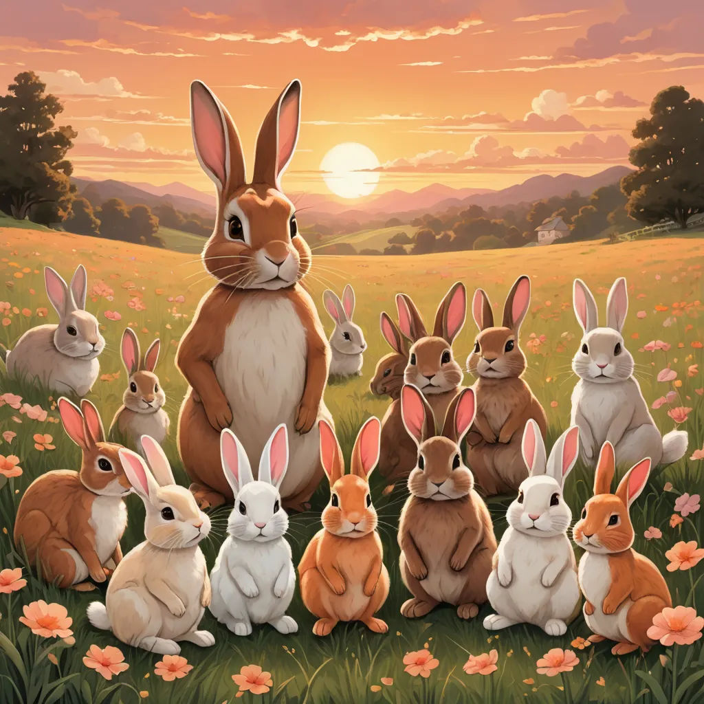 a painting of a group of rabbits in a field of flowers with a sunset in the background and a pink sky, furry art, a storybook illustration, Chris LaBrooy, rossdraws global illumination