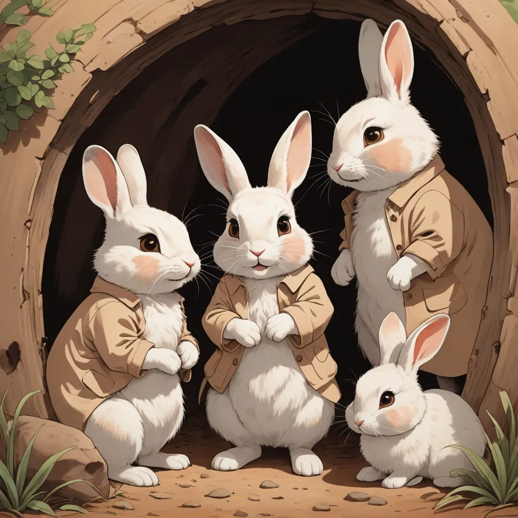 three rabbits are standing in front of a tunnel with a man in a suit and two women in a dress, furry art, a storybook illustration, Beatrix Potter, rossdraws global illumination