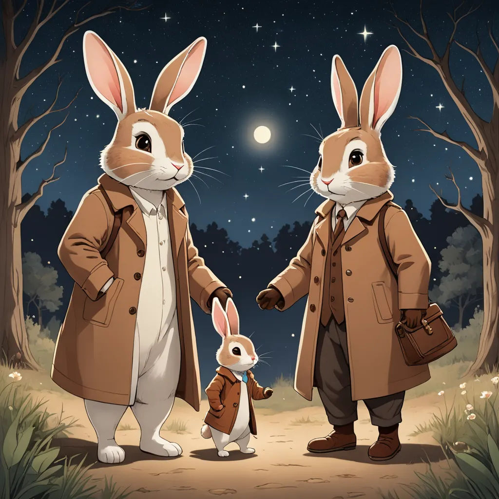 a couple of rabbits standing next to each other in a forest at night with the moon in the sky, furry art, a storybook illustration, Beatrix Potter, official art