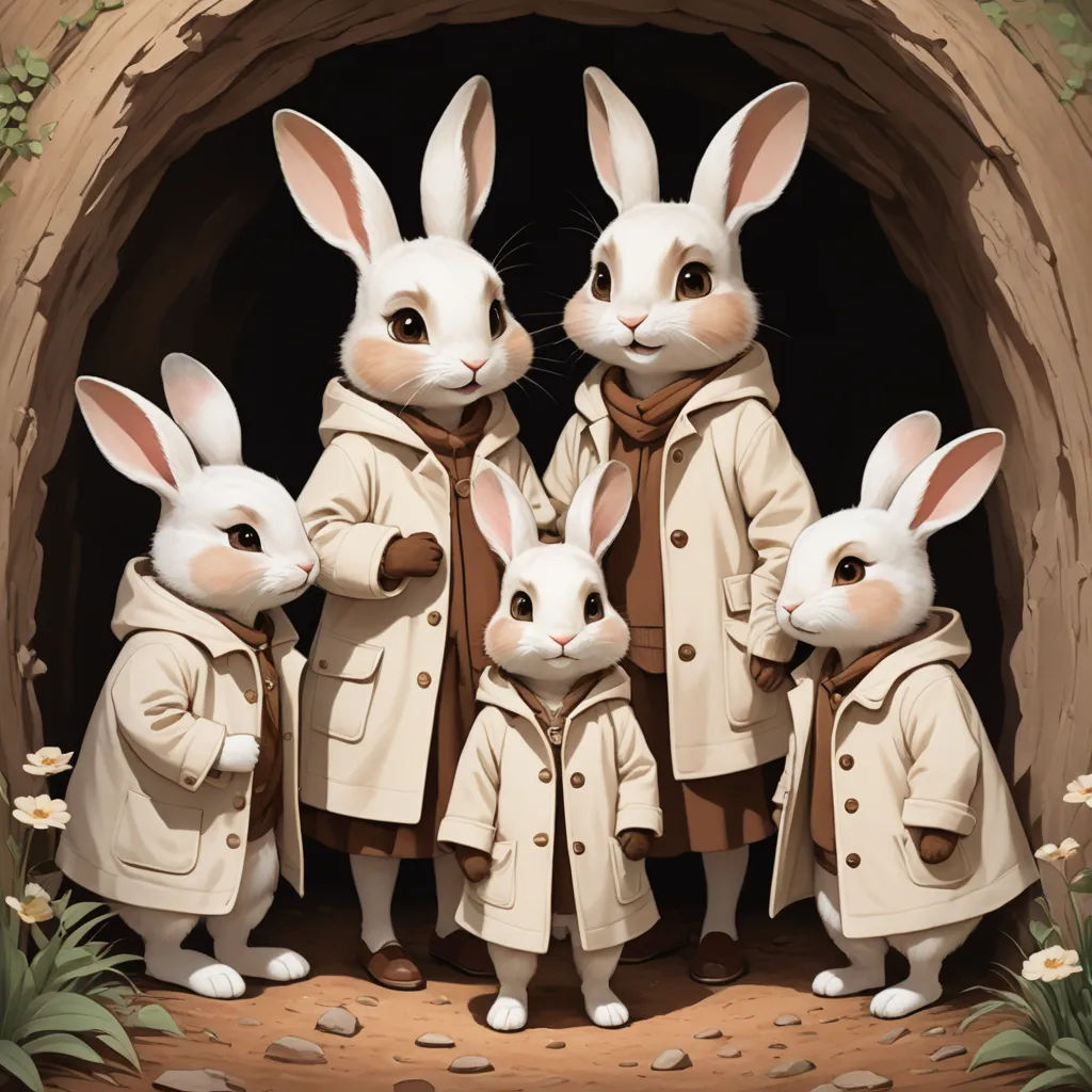 a group of rabbits standing in front of a tunnel with a man and two women in coats and coats, furry art, a storybook illustration, Beatrix Potter, trending on art station