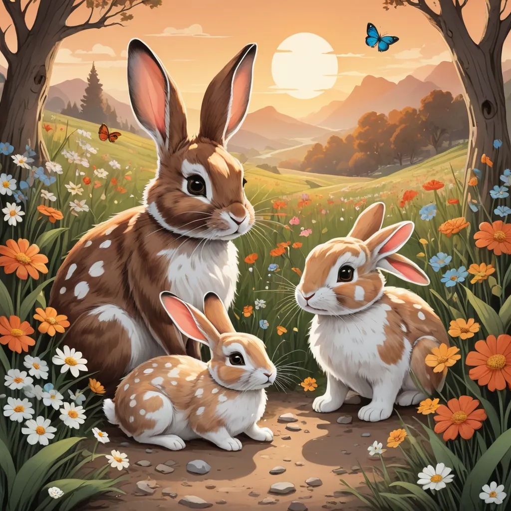 a painting of two rabbits and a baby rabbit in a field of flowers and butterflies with a butterfly flying above, furry art, an airbrush painting, Dan Mumford, rossdraws global illumination