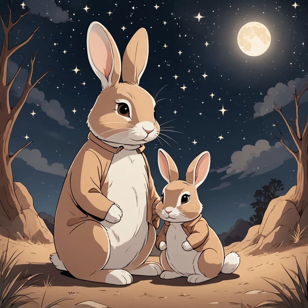 a couple of rabbits sitting on top of a dirt field under a full moon and stars sky with trees, furry art, a storybook illustration, Beatrix Potter, trending on art station