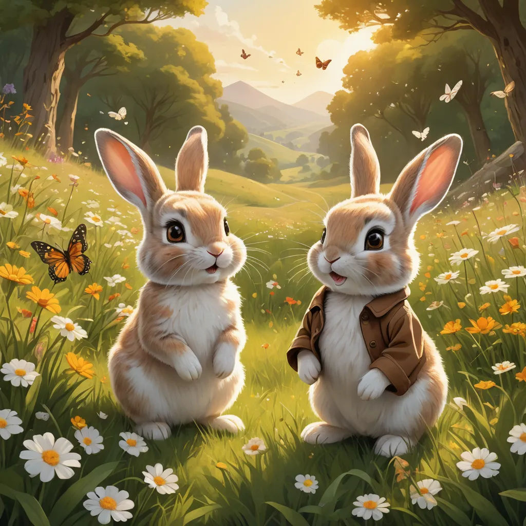two rabbits sitting in a field of flowers and butterflies, one with a jacket on, the other with a jacket on, furry art, a storybook illustration, Aaron Jasinski, official art