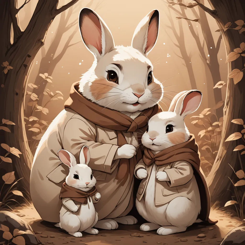 a couple of rabbits are sitting in the woods together, with a man in a brown coat and a woman in a brown coat, furry art, a storybook illustration, Beatrix Potter, trending on art station