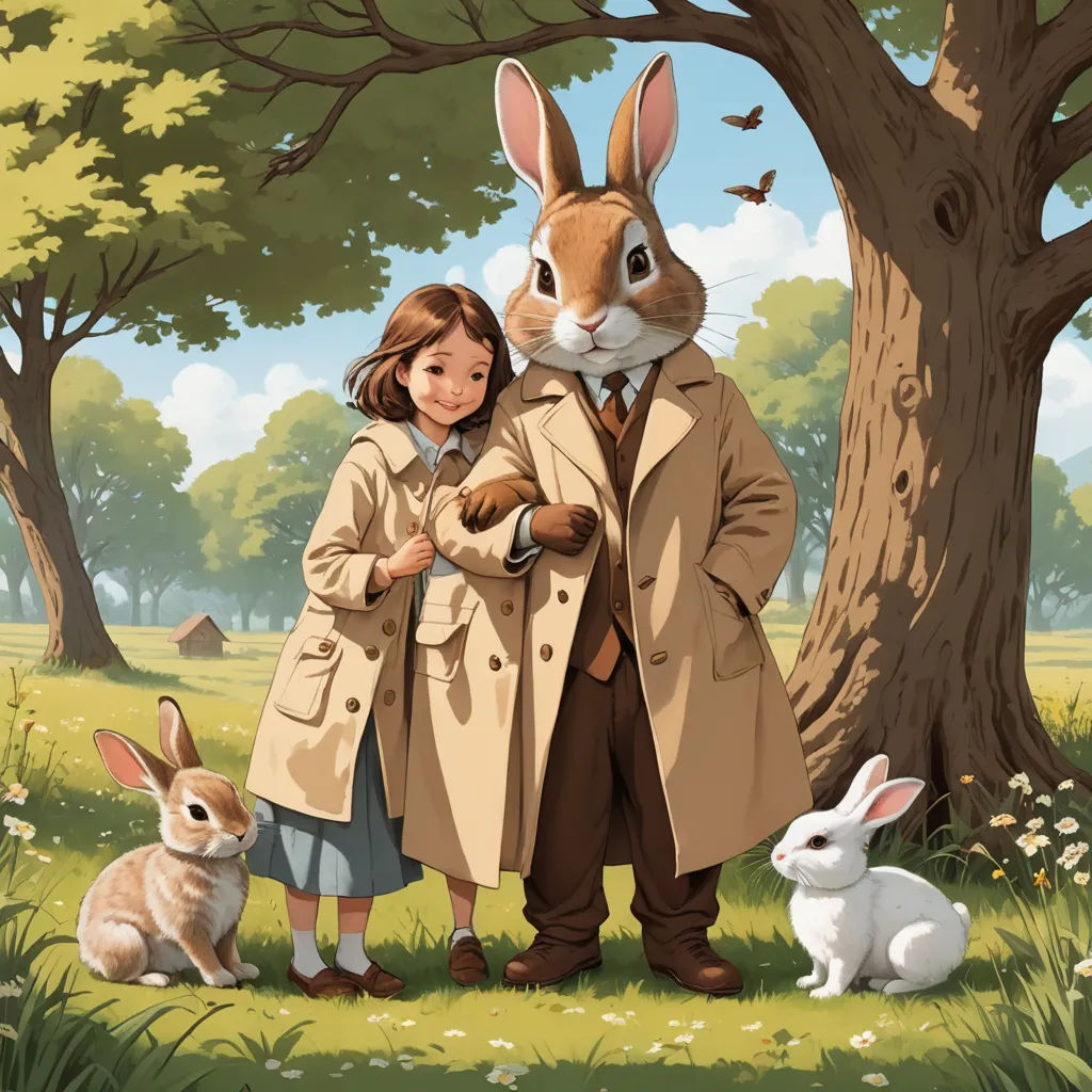 a painting of a man and a girl standing next to a rabbit and a tree with a house in the background, furry art, a storybook illustration, Colin Middleton, official art