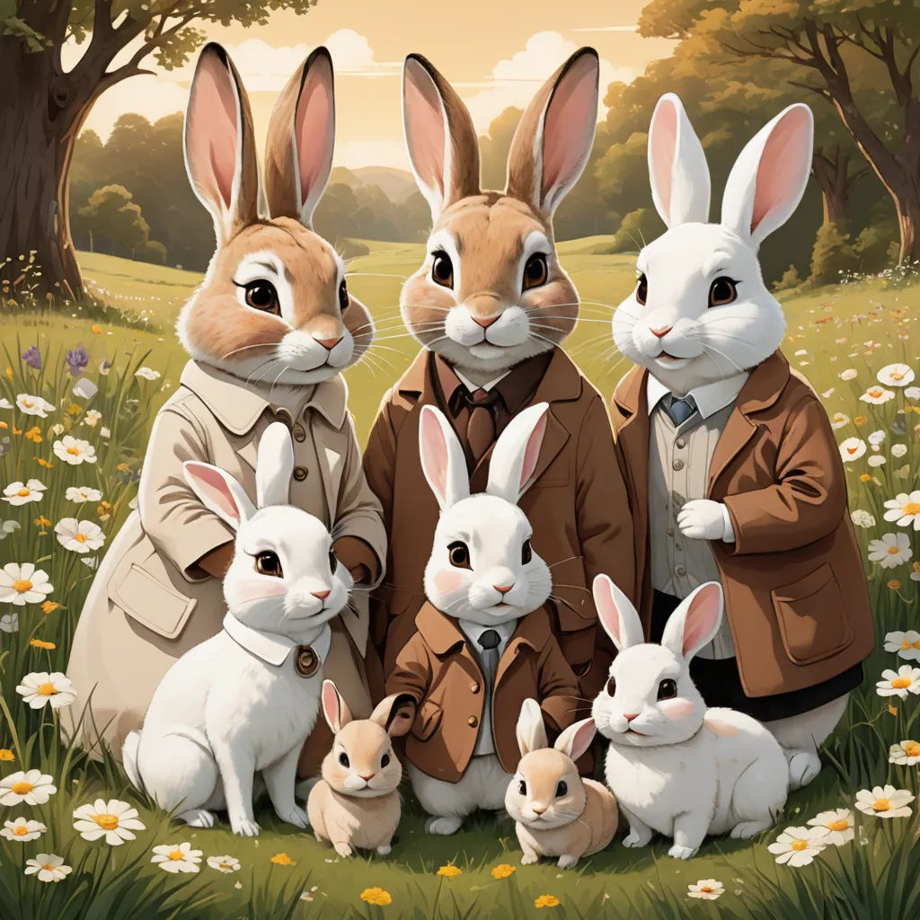 a painting of a family of rabbits in a field of flowers and grass with trees in the background and a man in a suit and tie, furry art, a storybook illustration, Beatrix Potter, official art